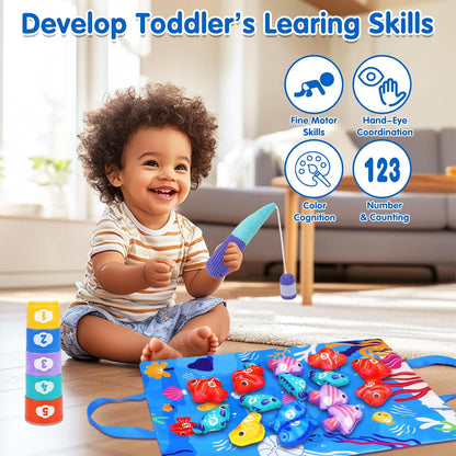 Arovan Montessori Toys for 1 Year Old - Cloth Fishing Game with Stacking Cups Toddler Toys for One Year Old Boy Girl First Birthday Gift - Sorting Learning Baby Toy 12-18 Months 1 2 Year Old