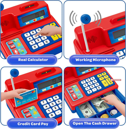BAODLON Calculator Cash Register - 103 Pcs Pink Toy Cash Register, Microphone, Credit Card and Banking for Kids, Early Math Skills Toys Gifts for 3, 4, 5, 6 7 8+ Years Old Boys Girls