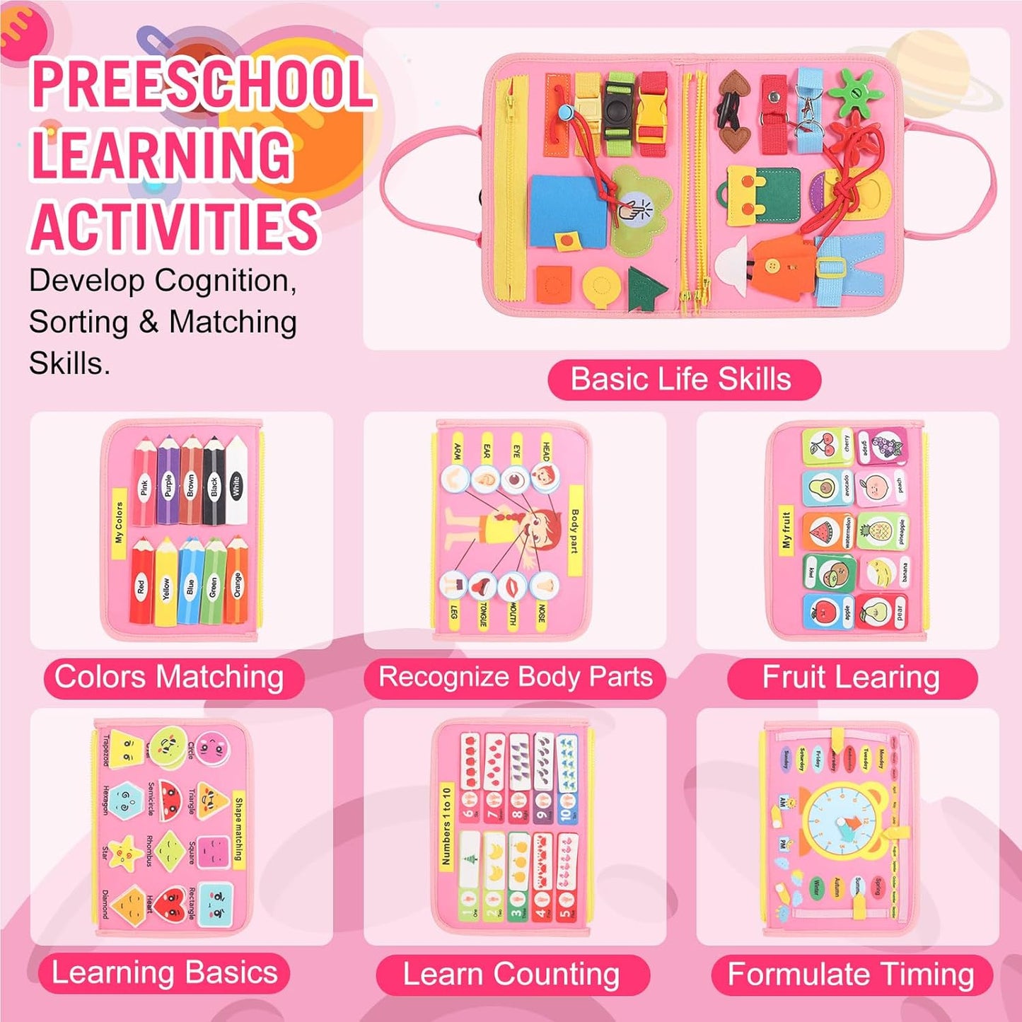 URBAN TOYS Montessori Busy Board - Ideal Busy Book Toddler Toys & Gifts for Boys & Girls, Toddler Travel Essential for Airplane & Car, Sensory Toys, Great for Baby Gifts for Boys