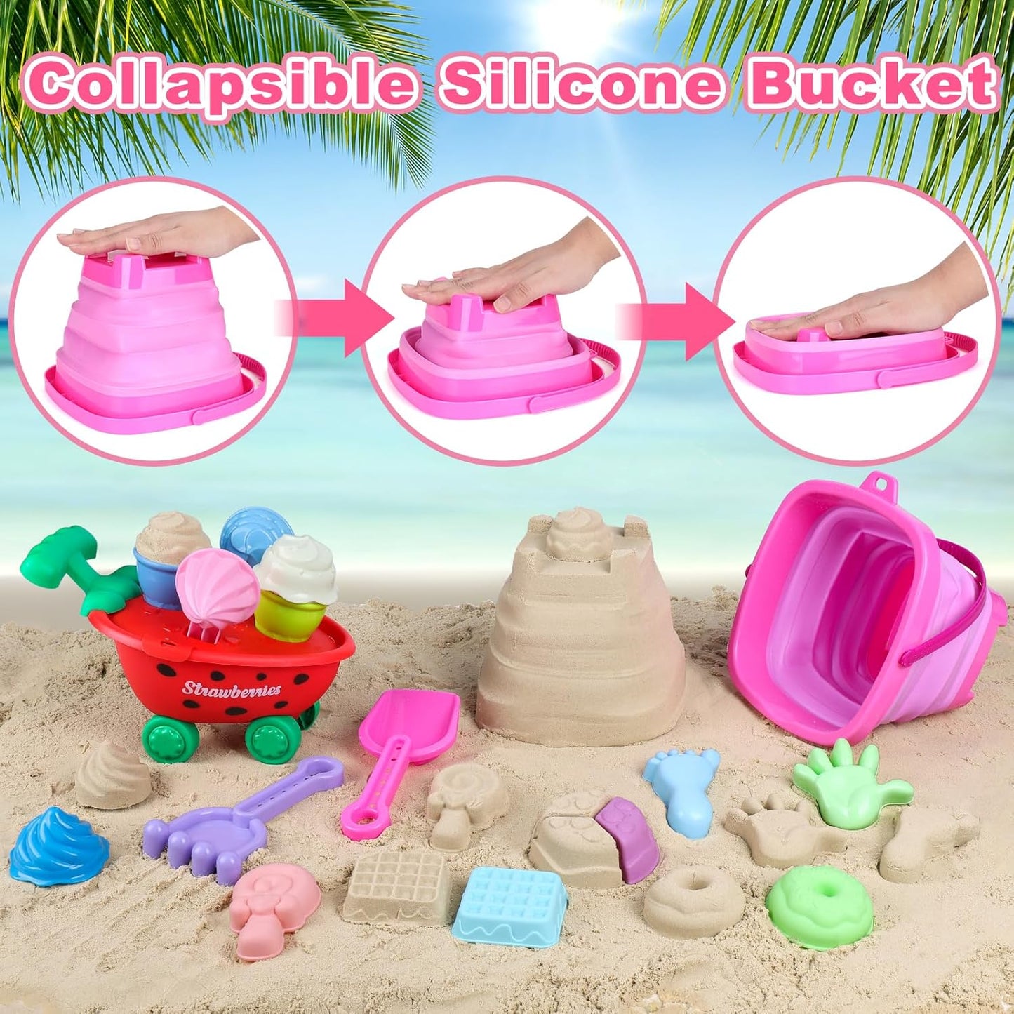 Meaicezli Beach Toys, Ice Cream Sand Toys with Collapsible Beach Bucket, Ice Cream Scoop and Cart, Sand Molds, Mesh Bag, Summer Outdoor Travel Toys for Toddlers 3-5