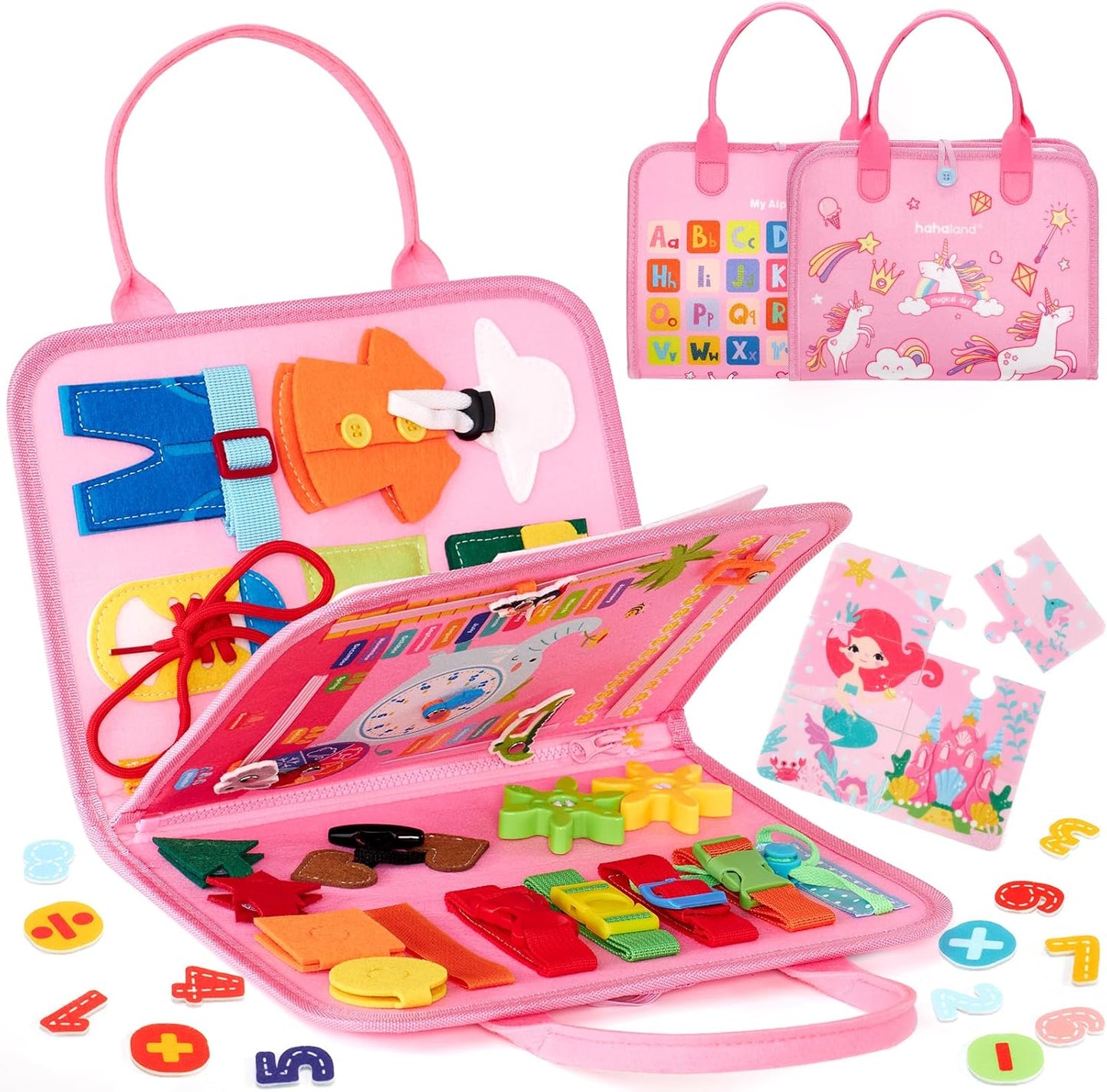 hahaland Busy Board for Toddlers - Montessori Toys Preschool Learning Activities with Life Skills, Alphabet, Number, Shape, Color, Animal, Weather - Toddler Boy Learning Educational Toys, Travel Toys