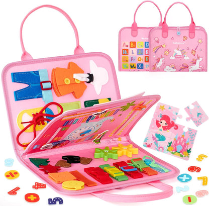 hahaland Busy Board for Toddlers - Montessori Toys Preschool Learning Activities with Life Skills, Alphabet, Number, Shape, Color, Animal, Weather - Toddler Boy Learning Educational Toys, Travel Toys