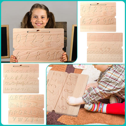 MotiMind 2 Pcs Wood Cursive Alphabet Number Tracing Board Montessori Letter Tracing Board Writing Tools Double Sided with Wooden Pen Letter Tracing Learn to Write for Boys Girls Preschool Classroom