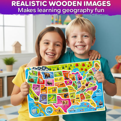 QUOKKA Puzzles for Kids Ages 4-6 - Realistic USA Map Wooden Puzzles for Toddlers 3-5 - Montessori Wood Educational Toys for 2-4 Years Old - United States Geography Learning Games for Kids 6-8
