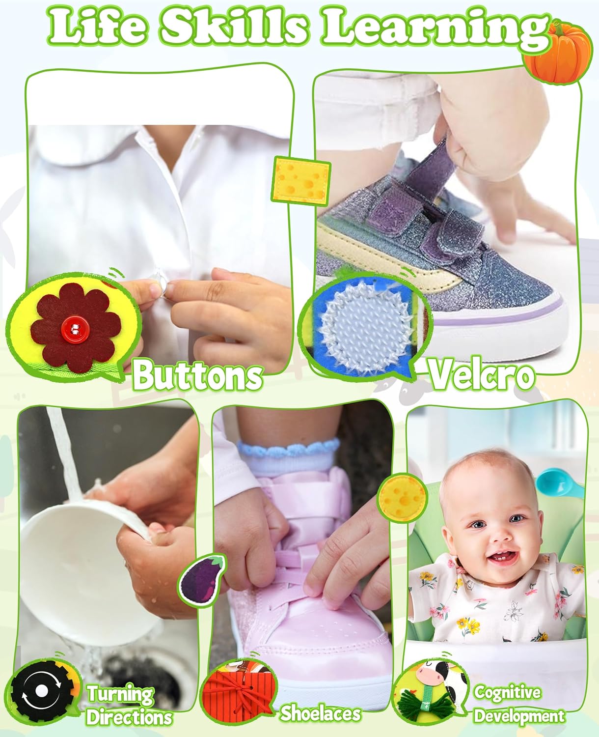 Meafeng Busy Board for Toddlers 1-3 – Montessori Busy Toys for 1 2 3 Year Old Boys Girls, Preschool Educational Travel Quiet Activity Book with Life Skills, Sorting, Matching, and Cognitive Games