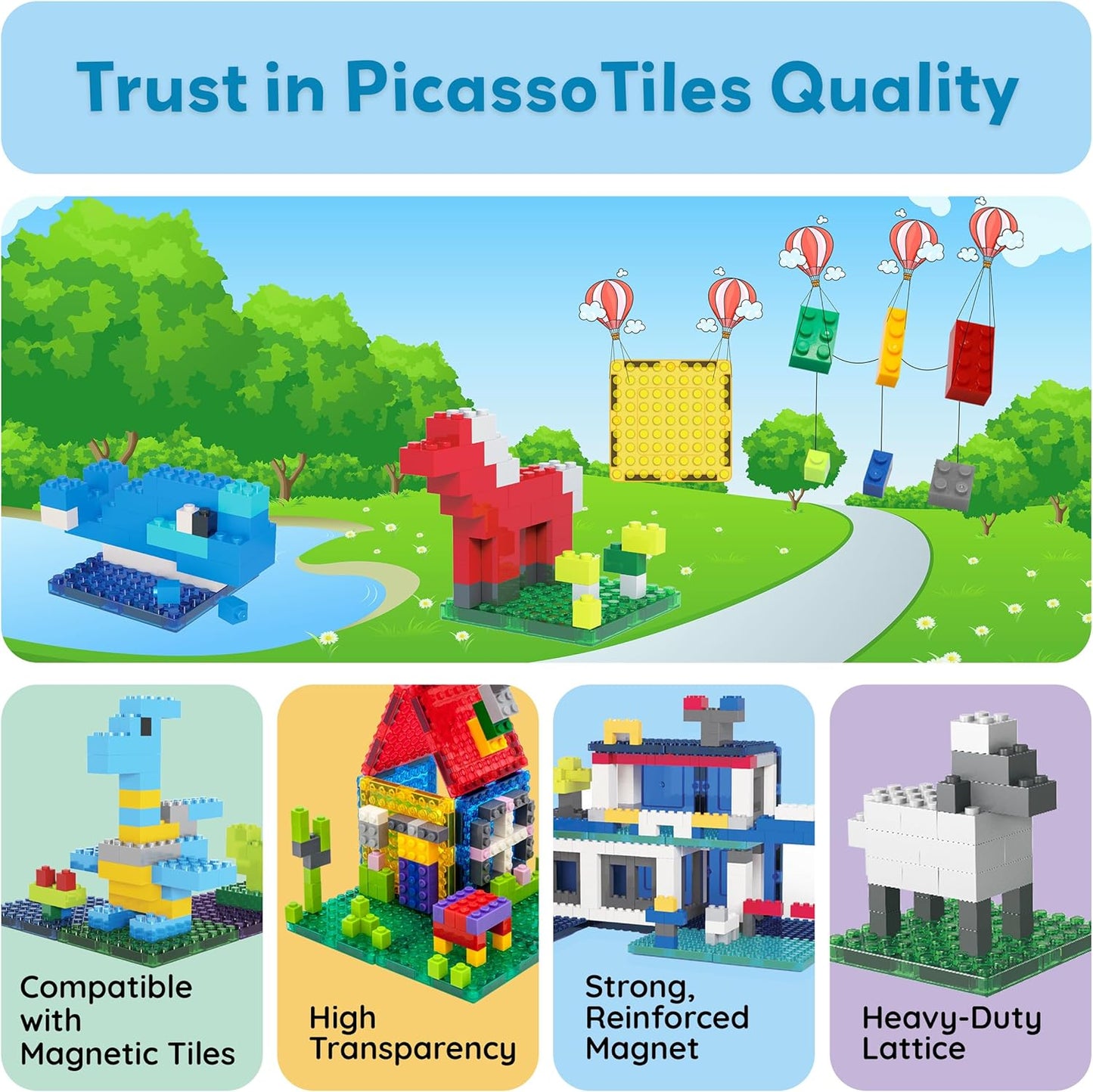 PicassoTiles 1016pcs Magnetic Tile & Building Brick Combo Construction STEM Toy Magnet Tiles for Creative Play Educational Toys for 3+ Large Bricks for Toddlers Compatible with Major Brands PTS1016