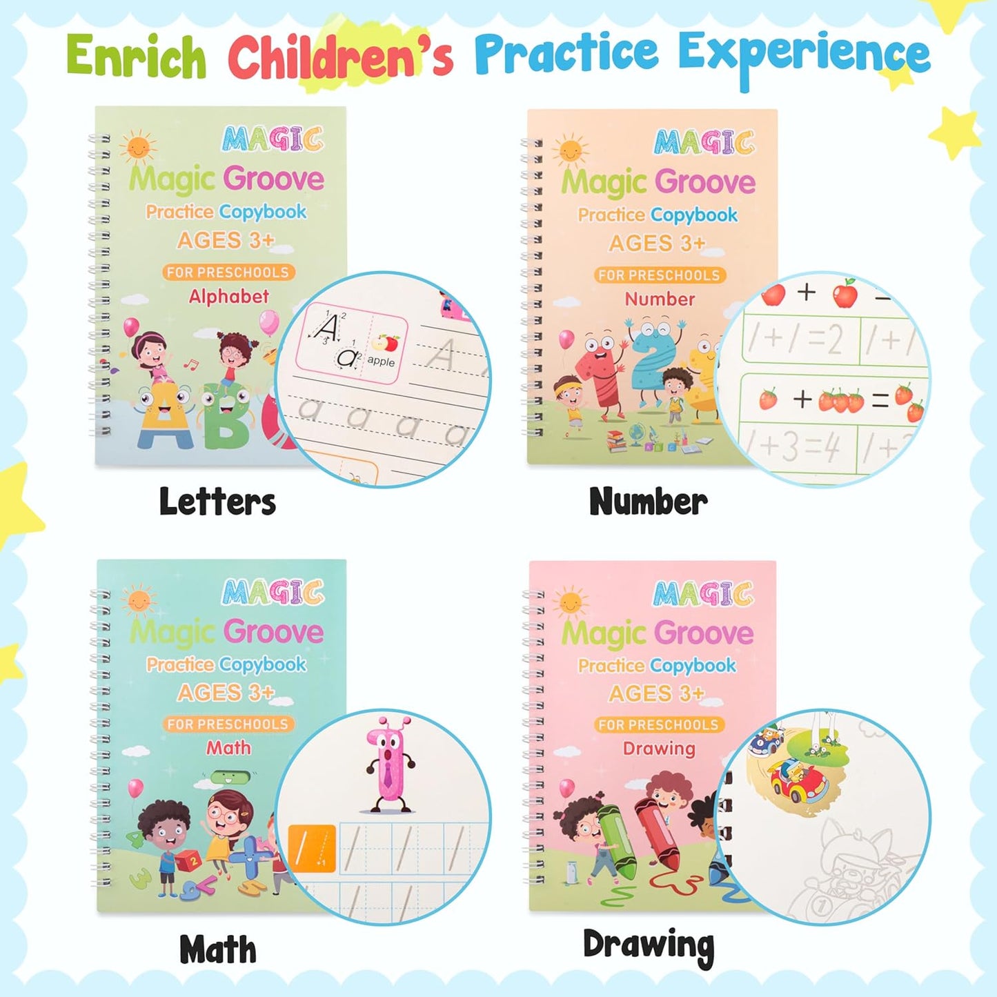 Grooved Handwriting Practice Books, Reusable Magic Grooved Handwriting Practice Books for Kids Age 3-8, Preschool Kindergarten Tracing Workbooks for Kids Handwriting Practice