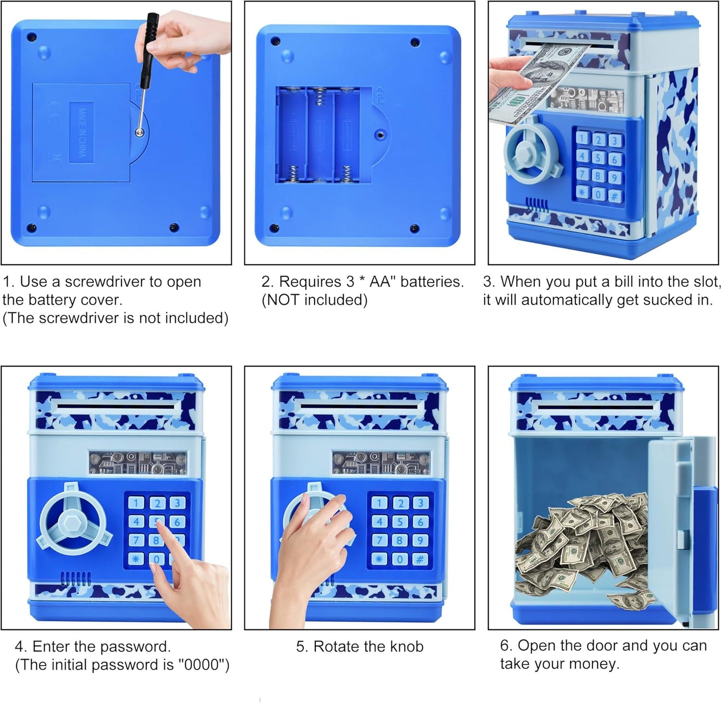 HUSAN Piggy Banks Money Banks for Kids, Electronic Password Code Money Banks ATM Banks Box Coin Bank for Children Boys and Girls (Grey Bue)