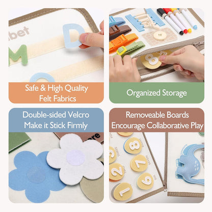 hahaland Busy Board for Toddlers - Montessori Toys Preschool Learning Activities with Life Skills, Alphabet, Number, Shape, Color, Animal, Weather - Toddler Boy Learning Educational Toys, Travel Toys