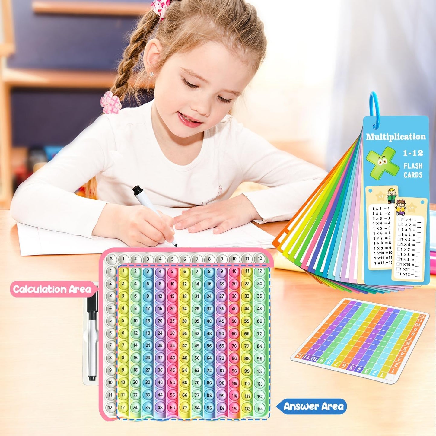 Multiplication Flash Cards + Pop Fidget Multiplication Chart, Times Table Educational Flashcard 3rd Grade, 4th, 5th, 6th Grade