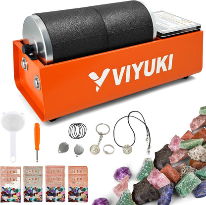 Professional Rock Tumbler Kit - Double Drum 6LB Rock Polisher(Double Barrel), Includes Rough Gemstones, 8 Polishing Grits, Jewelry, Learning Guide, Ideal Gift for Adults & Collectors