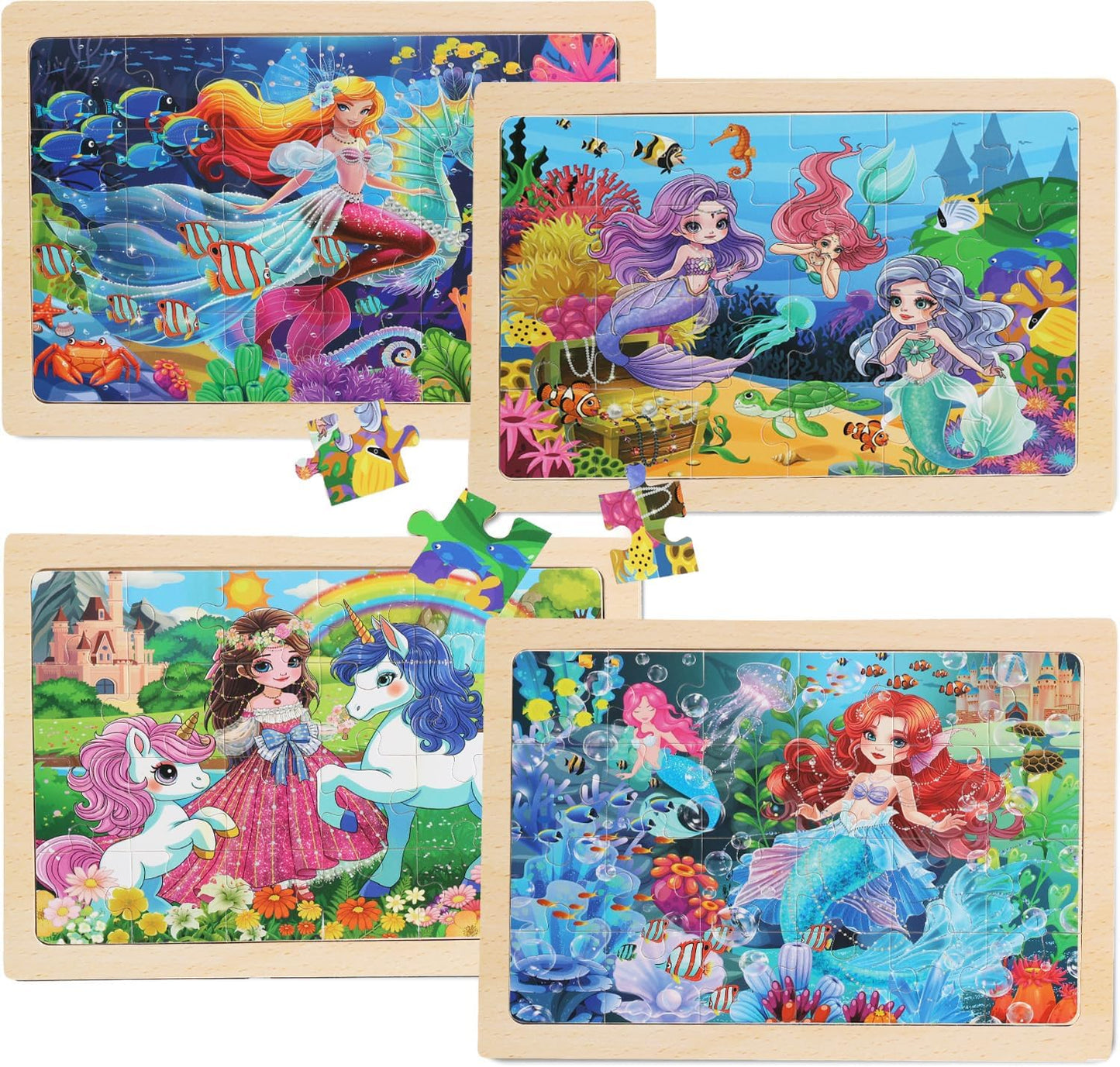 4 Sets of Wooden Puzzles, Each Set has 24 Pieces, Including Castle Unicorn Princess, for Toddlers 3-5, Puzzles for Kids Ages 4-6, Preschool Educational Brain Teaser Toys for Girls 3 4 5 6 Years Old.