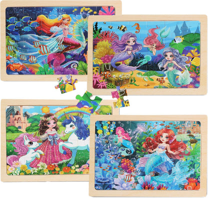 4 Sets of Wooden Puzzles, Each Set has 24 Pieces, Including Castle Unicorn Princess, for Toddlers 3-5, Puzzles for Kids Ages 4-6, Preschool Educational Brain Teaser Toys for Girls 3 4 5 6 Years Old.