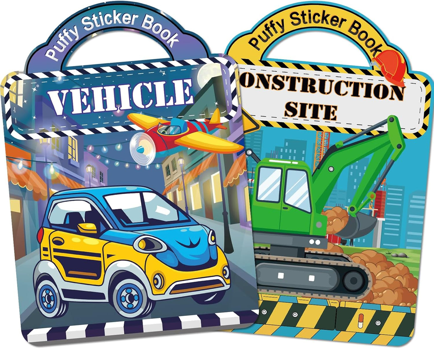 Elfew 2 Pack Puffy Sticker Books for Kids Ages 3-5, Construction Truck and Vehicle Car Stickers for Toddlers Boys, 3D Reusable Stickers Books for Toddlers, Activity Book for Boys Party