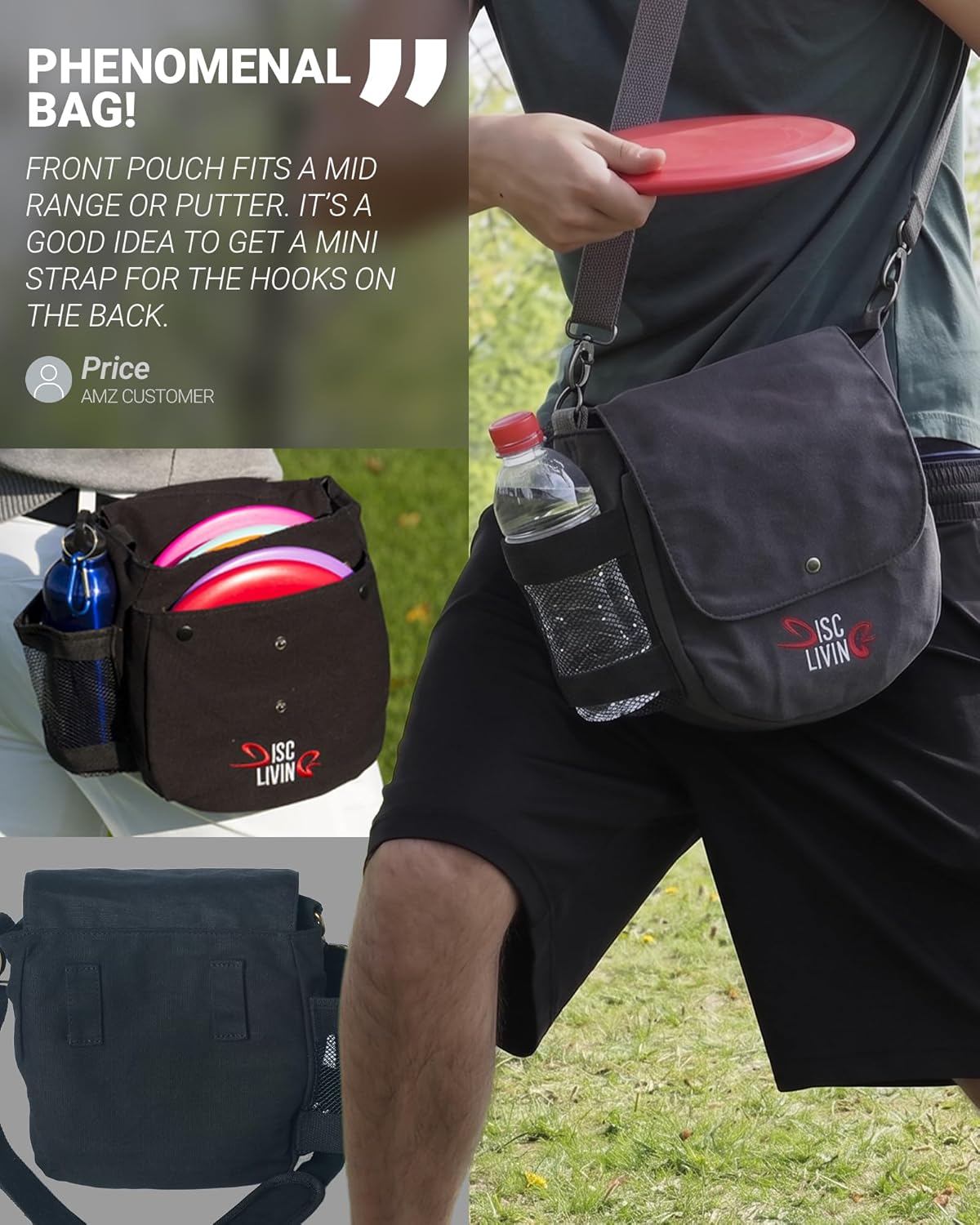Disc Golf Bag | Frisbee Golf Bag | Easy to Carry | Lightweight Fits Up to 10 Discs | 16 oz Waxed Canvas Sturdy Design | Belt Loop | Double Button Design | Bottle Holder