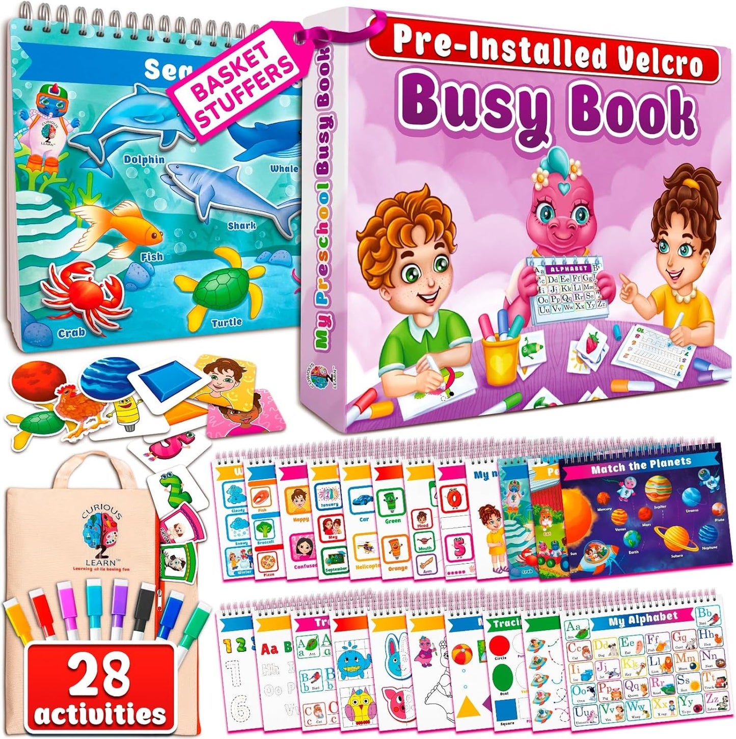 Curious 2 Learn Montessori Busy Book for Toddlers Ages 3-5 – Preassembled Preschool Learning Binder with 28 Activities, Travel Bag & 8 Markers – Educational Toy & Gift for 3 Year Old Boys (Blue)