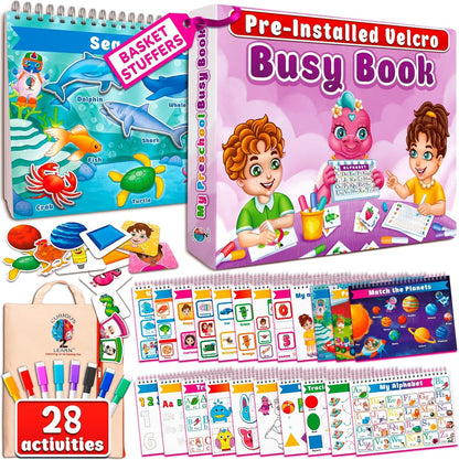 Curious 2 Learn Montessori Busy Book for Toddlers Ages 3-5 – Preassembled Preschool Learning Binder with 28 Activities, Travel Bag & 8 Markers – Educational Toy & Gift for 3 Year Old Boys (Blue)