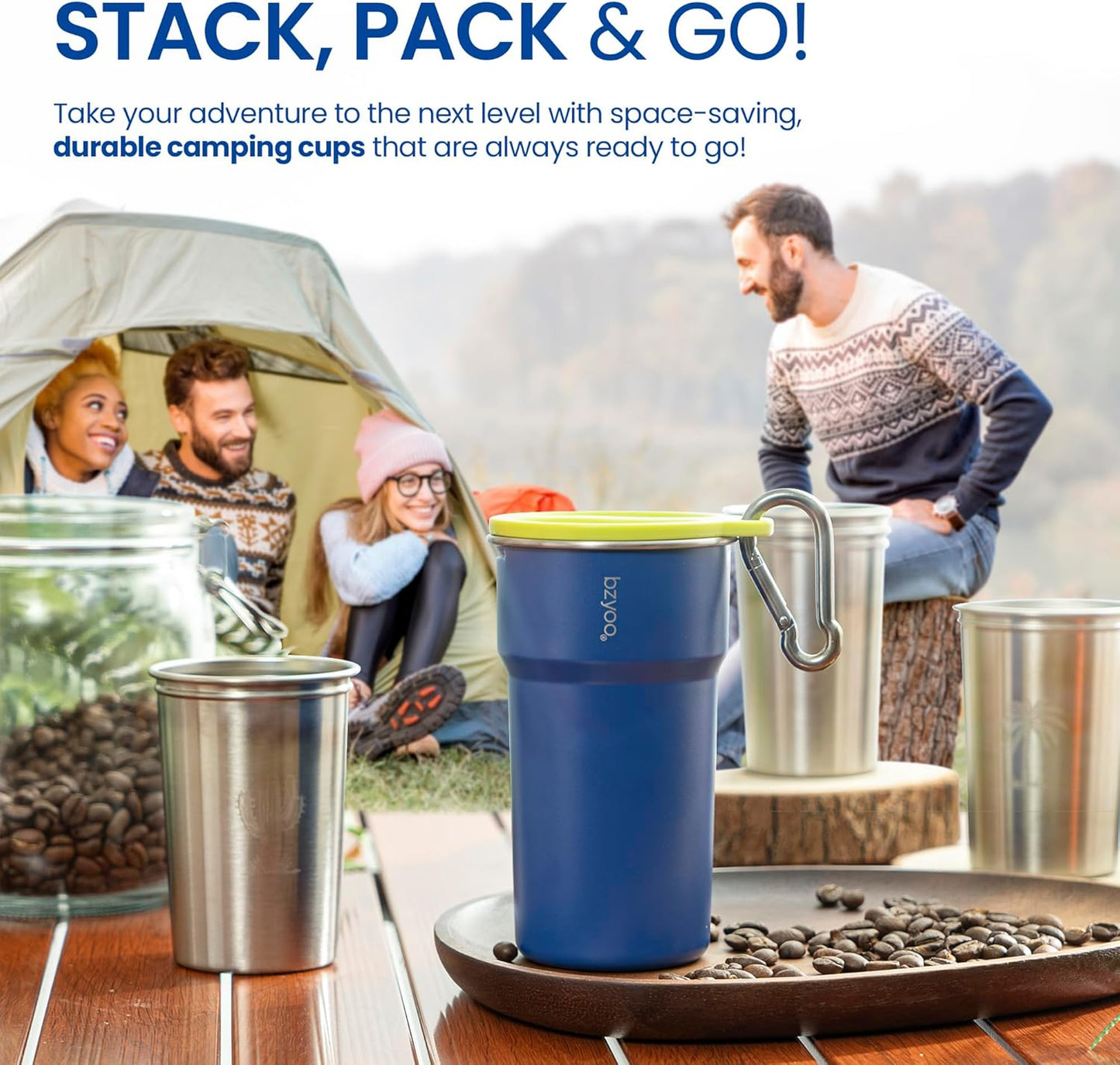 bzyoo 5-Piece Nesting Camping Cups Set - 9oz Stackable Stainless Steel Mugs with Patterned Designs & Integrated Carry Hook, Space-Saving Portable Outdoor Mess Kit for Family Hiking, Backpacking & RV