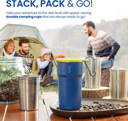 bzyoo 5-Piece Nesting Camping Cups Set - 9oz Stackable Stainless Steel Mugs with Patterned Designs & Integrated Carry Hook, Space-Saving Portable Outdoor Mess Kit for Family Hiking, Backpacking & RV