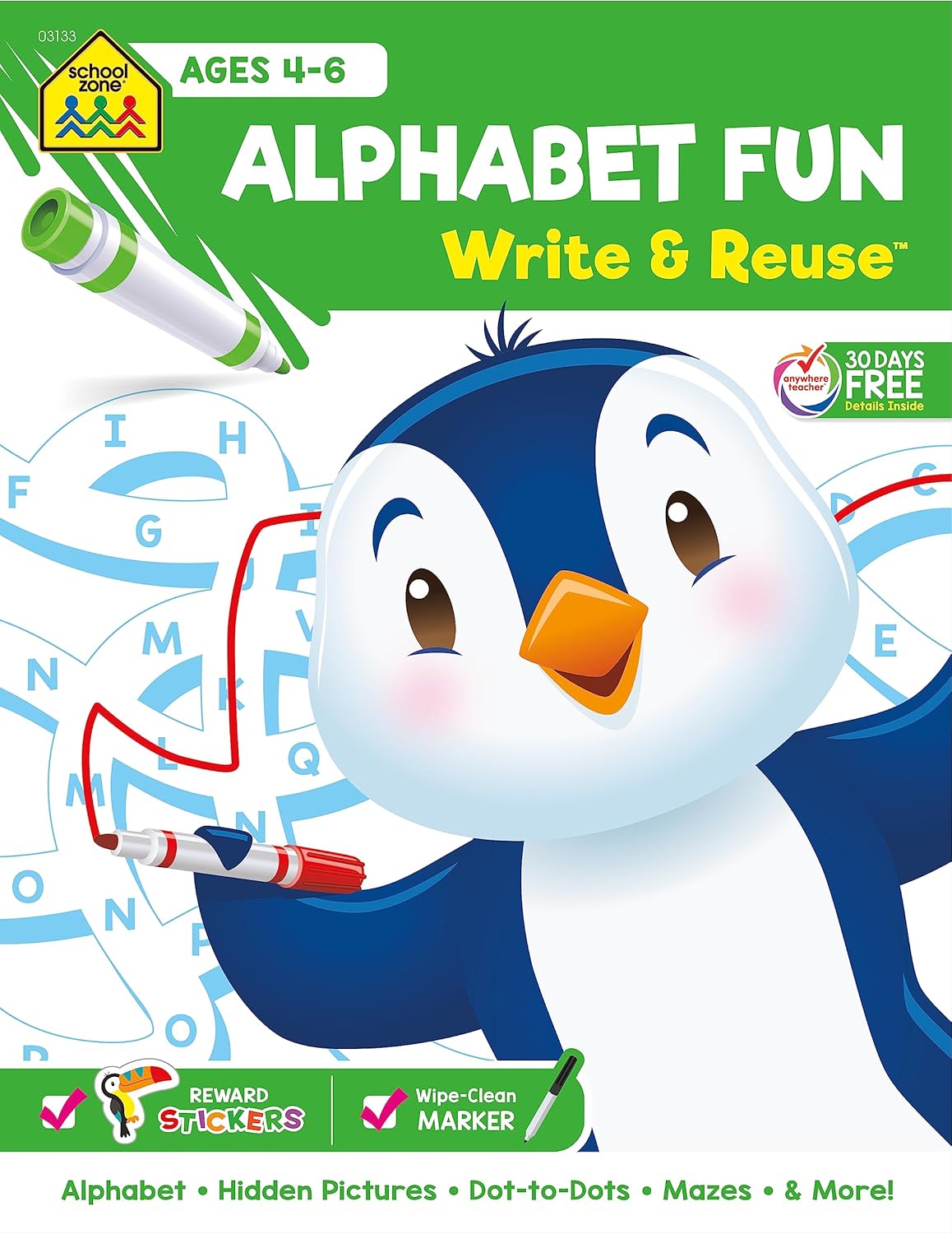 School Zone Alphabet Fun Write & Reuse™ Workbook: 52 Wipe-Clean Pages, Spiral-Bound, Pre-K, Preschool, Kindergarten, Letters & ABC Tracing, Early Learning, Ages 4–6, Includes Dry-Erase Marker