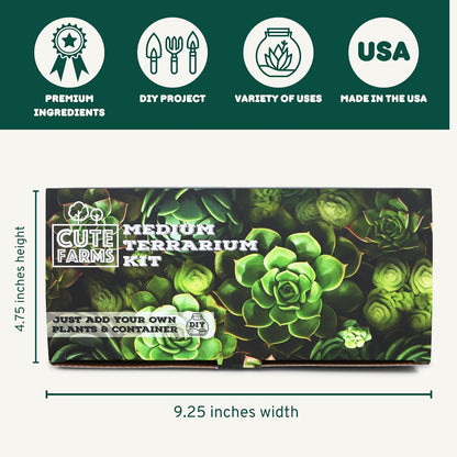 Cute Farms Terrarium Starter Kit | Moss, Vermiculite, Soil, Pebbles, Plant Food, & Finishing Tools (Large Kit + Crystals)
