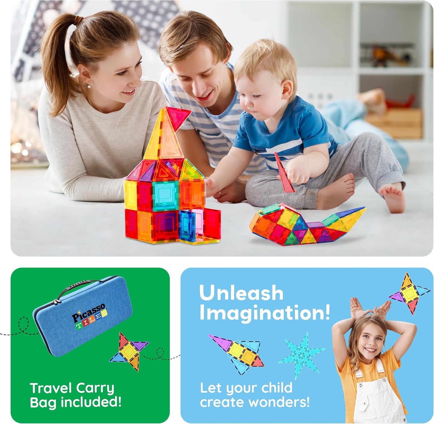 PicassoTiles 101 PCs Magnetic Tiles Building Block with Storage Case Included Bold Colors Travel Carry Case Construction Set for Boys & Girls Great Gift Preschool Kindergarten Montessori Playing Toys