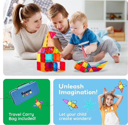 PicassoTiles 101 PCs Magnetic Tiles Building Block with Storage Case Included Bold Colors Travel Carry Case Construction Set for Boys & Girls Great Gift Preschool Kindergarten Montessori Playing Toys