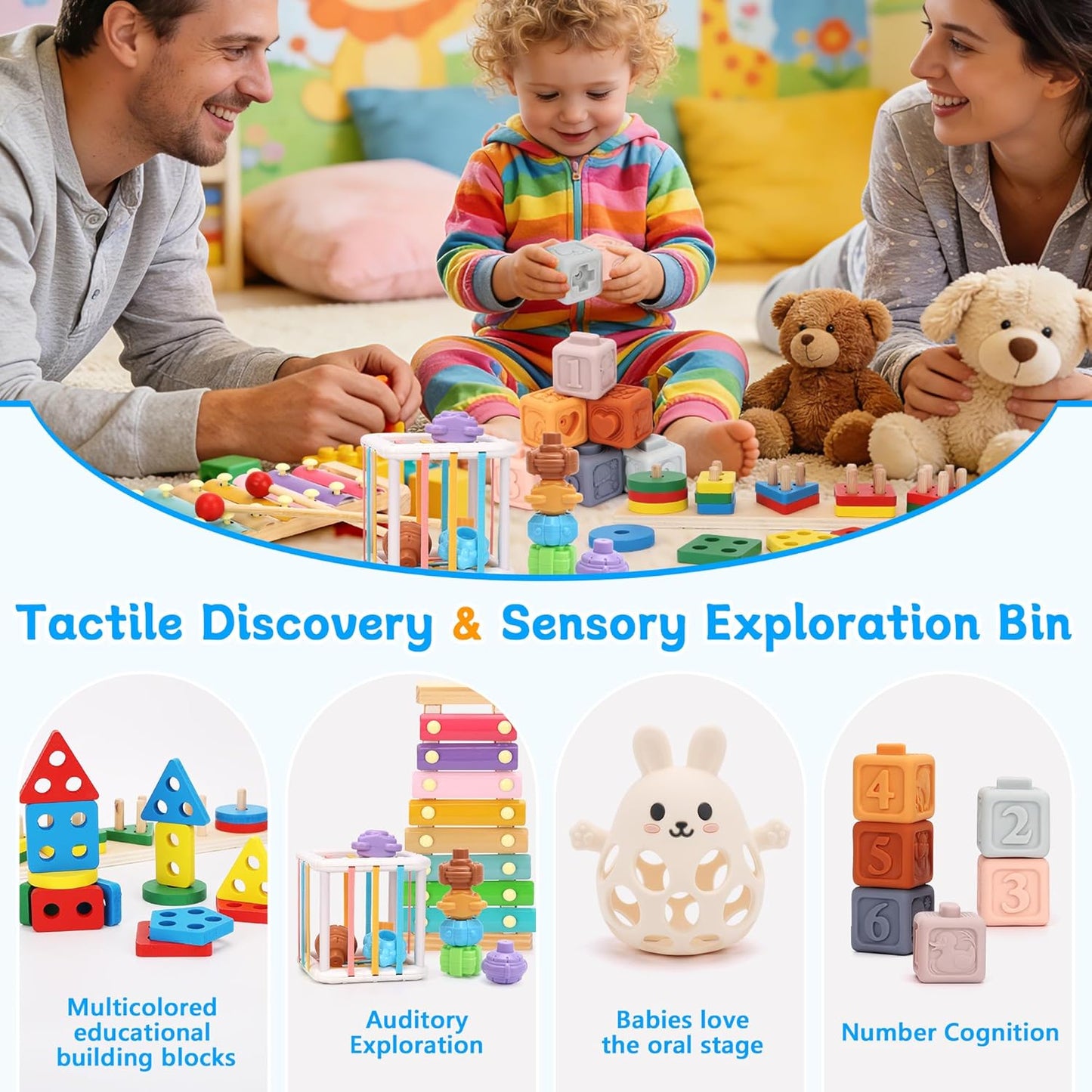 Baby Toys for 6-18 Months, 5-in-1 Montessori Educational Toy Set with Soft Teething Toy Stacking Blocks Rings Sensory Bin, Sorting Sensory Educational Learning Gift for Toddlers Aged 1-3