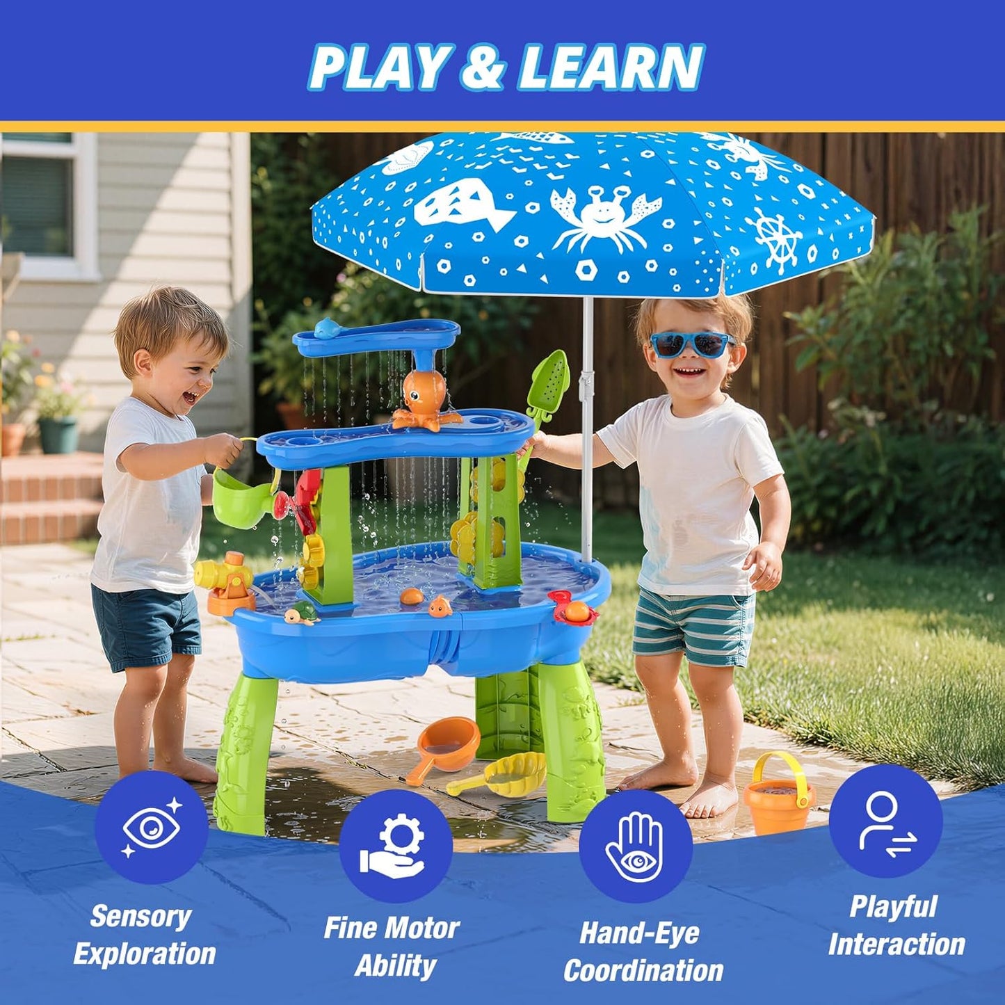 Wee Wonders 3-Tier Water Table for Toddlers, Kids Sand Water Table with Adjustable Umbrella, Sand Toys & Fishing Game, Sensory Table Activity Playset for Outdoor Beach, Summer Toys for Girls Boys 3-5
