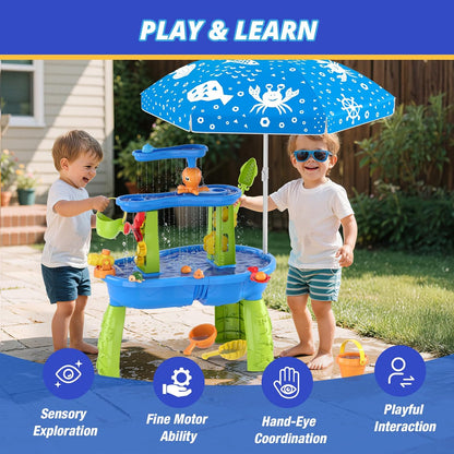 Wee Wonders 3-Tier Water Table for Toddlers, Kids Sand Water Table with Adjustable Umbrella, Sand Toys & Fishing Game, Sensory Table Activity Playset for Outdoor Beach, Summer Toys for Girls Boys 3-5