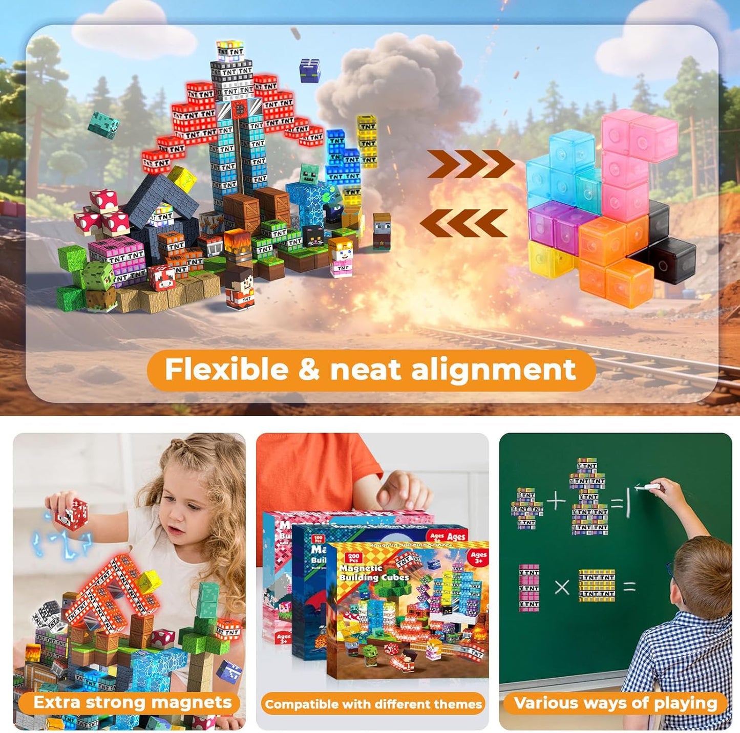 Magnetic Blocks - 200PCS Magnetic Blocks with 6 Base Plate, Magnetic Building Blocks for Kids Ages 4 5 6 7 8, Stacking Magnets for Kids, Birthday Gifts for 3-10 Year Old Boy Girls, STEM Toys