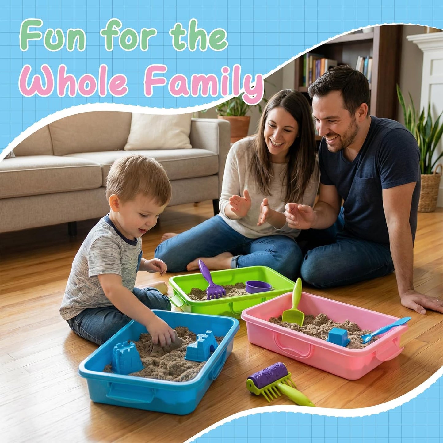 3 PCS Sand Container Compatible with Kinetic, Sand Tray with Lid, Stackable Sandbox Container, Plastic Storage Bins with Handle, Secure Closure, Ideal for Travel and Home Use (Blue, Green, Pink)