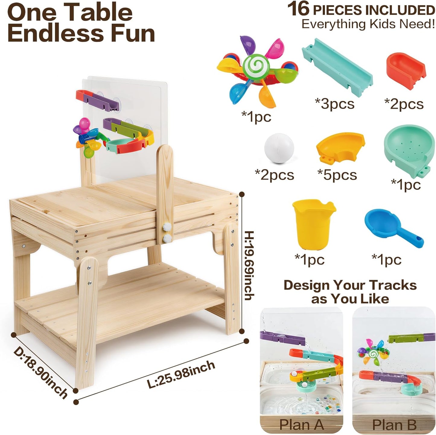 Water Table for Toddlers, Adjustable Height Wooden Sand and Water Table with 2 Collapsible Bins, Acrylic Activity Board, Water Track Toys & 16-Piece Play Set, Indoor Outdoor, Ages 3+
