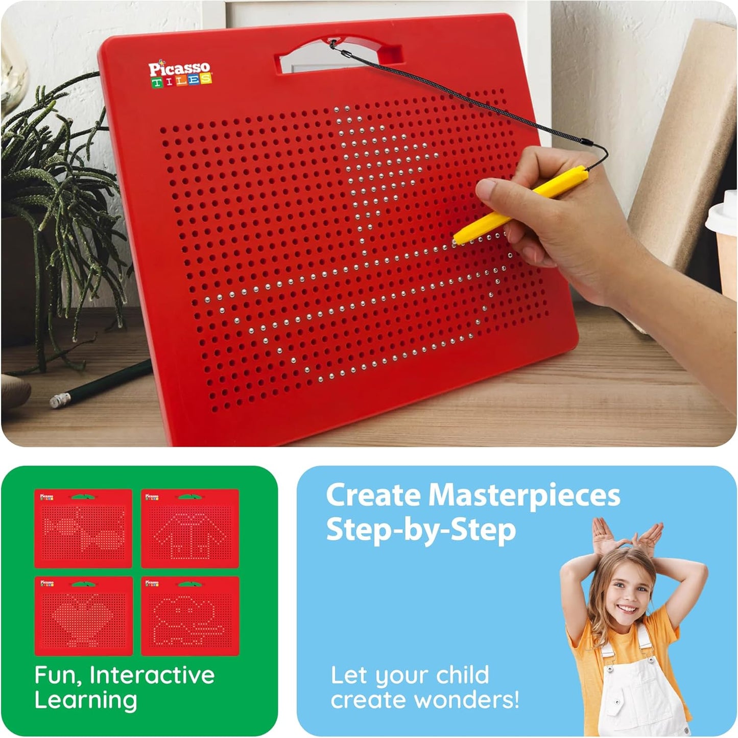 PicassoTiles 2PK 4-in-1 Magnetic Drawing Board 12x10 inch Large Magnet Tablet Pad with 4 Facings Lowercase & Uppercase Alphabets, Numbers, & Freestyle STEM Learning Writing Reading Playboard PTB06
