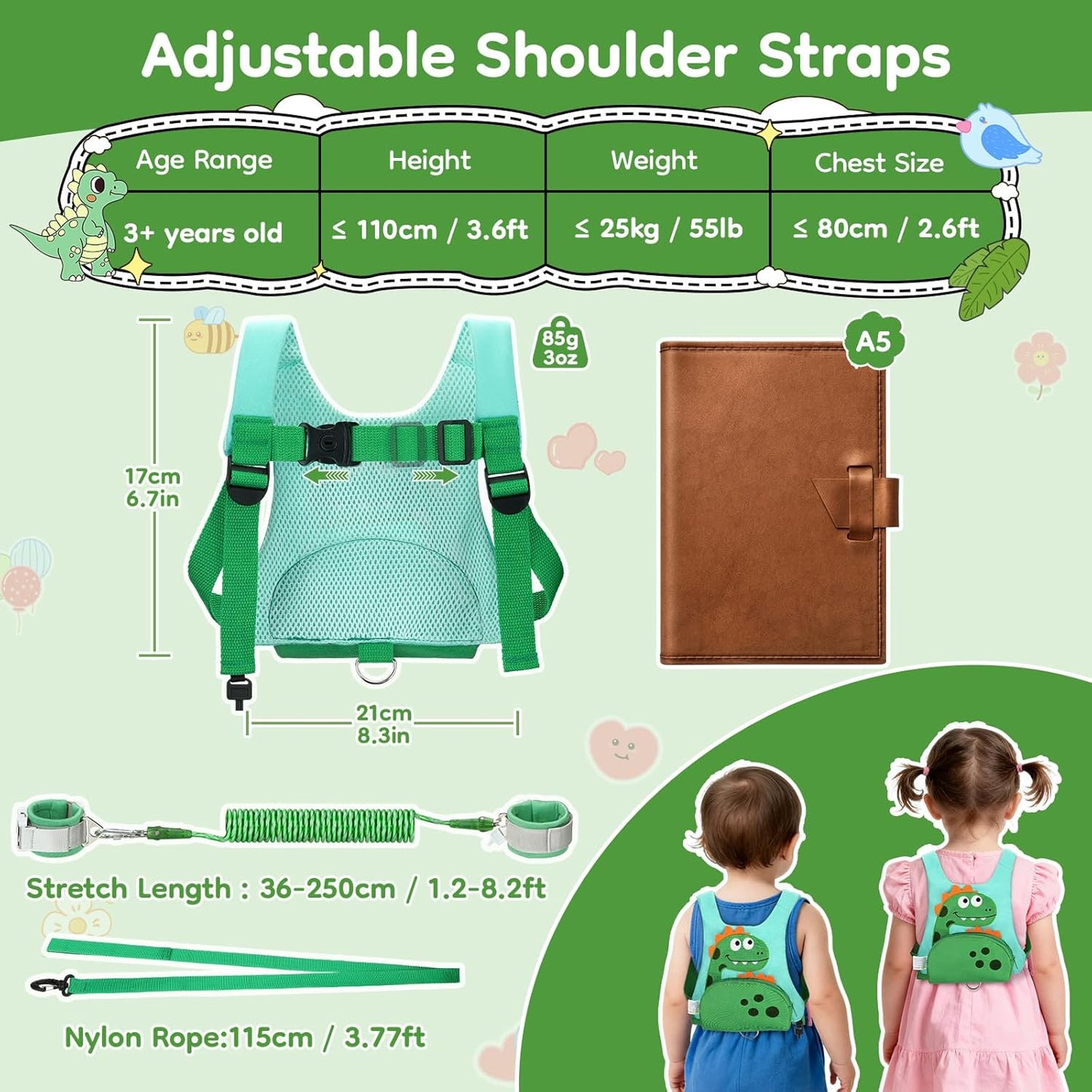 Dr.meter 3 in 1 Toddler Harness Leash + 8.2ft Anti Lost Wrist Link, Cute Dinosaur Kids Safety Harness Tether with Key Lock, Child Protective Leashes While Walking for Outdoor Activity Keep Kids Close