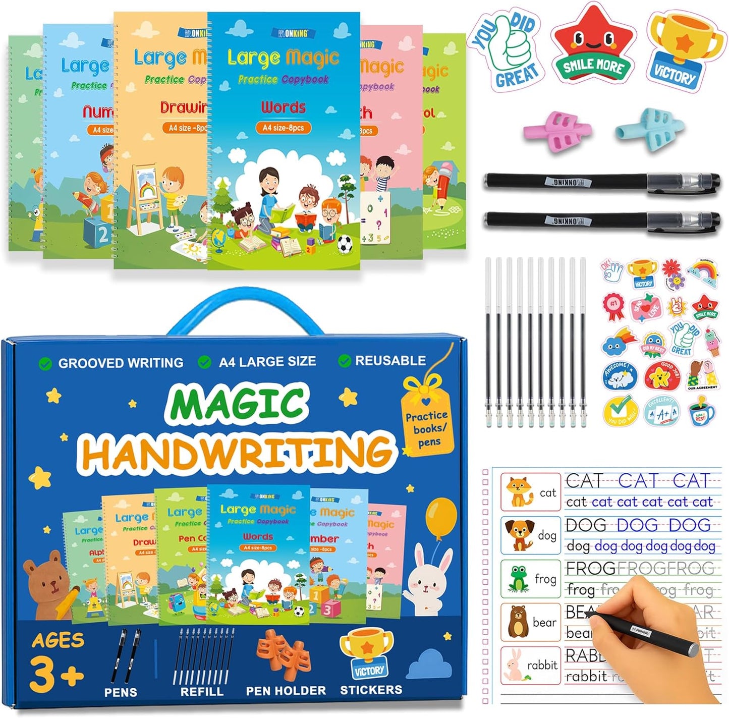 Large Magic Practice Copybook for Kids,Handwriting Grooved Practice Book 6 Pack with Pen Refill English Cursive Calligraphy Reusable Age 3-8（A4 Size）