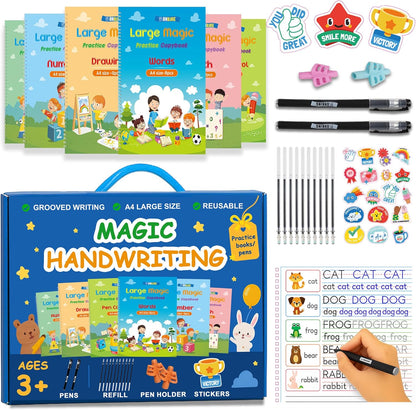 Large Magic Practice Copybook for Kids,Handwriting Grooved Practice Book 6 Pack with Pen Refill English Cursive Calligraphy Reusable Age 3-8（A4 Size）