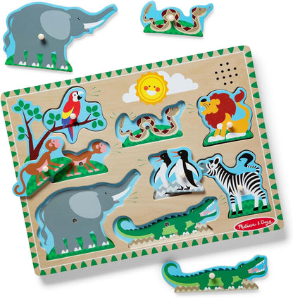 Melissa & Doug Farm Animals Sound Puzzle – 8-Piece Wooden Peg Puzzle with Light-Activated Sounds, Music Learning Toy for Toddlers and Preschoolers Ages 2+