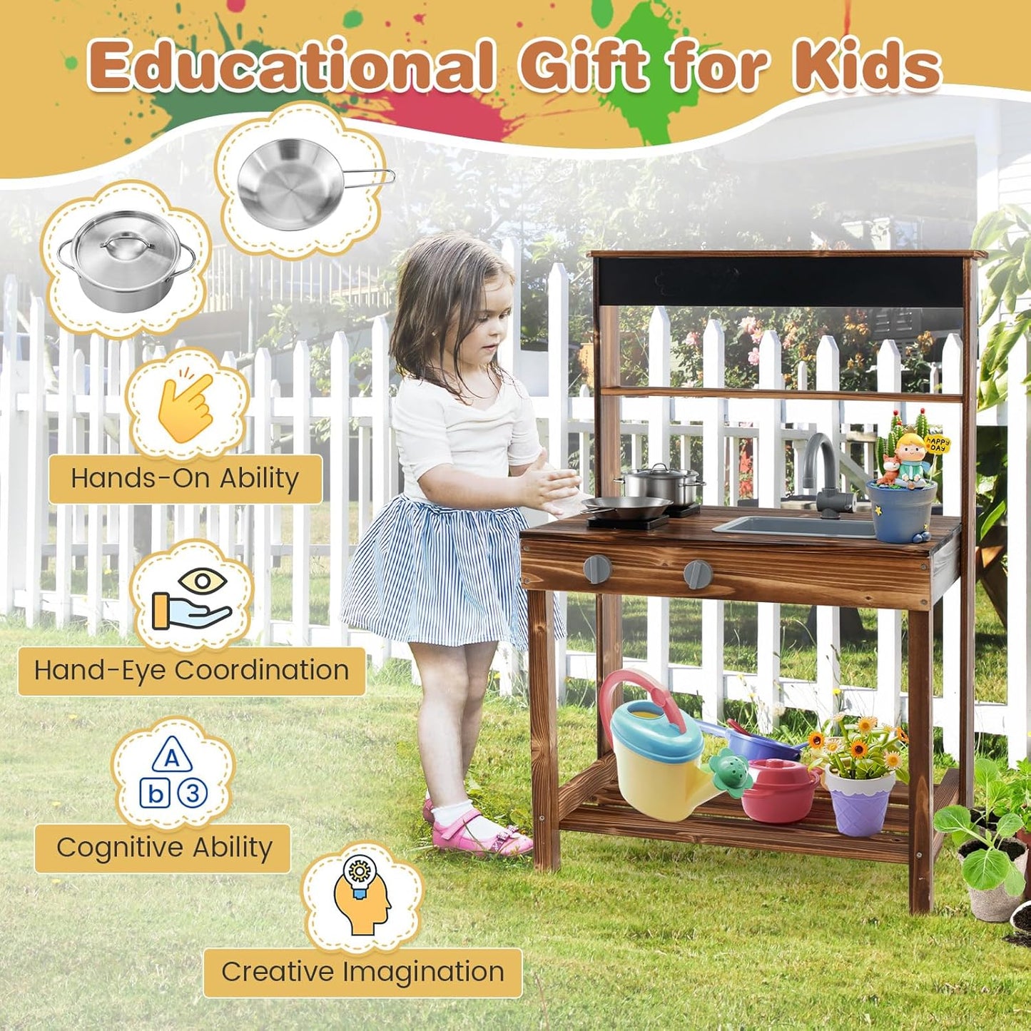 KOTEK Mud Kitchen with Canopy, Outdoor Play Kitchen with Removable Sink, Chalkboard, 4 Stoves, Cooking Accessories & Storage Cabinet, Wooden Toy Kitchen Playset for Kids Age 3+