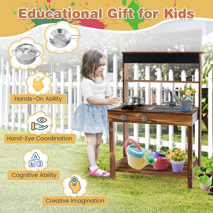 KOTEK Mud Kitchen with Canopy, Outdoor Play Kitchen with Removable Sink, Chalkboard, 4 Stoves, Cooking Accessories & Storage Cabinet, Wooden Toy Kitchen Playset for Kids Age 3+