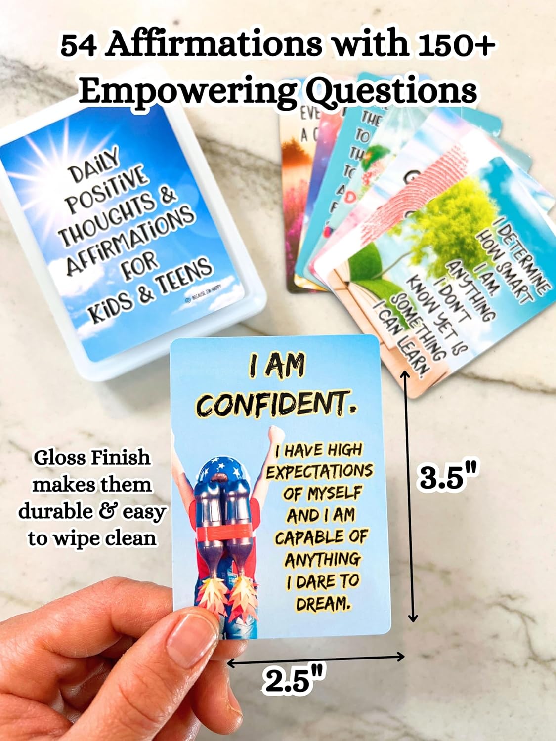 Positive Affirmation Cards for Kids and Teens - 54 Affirmations, 150+ Inspirational Questions with Storage Box - Inspire confidence and Positive attitude - Self Care Kit & Mindfulness Gift