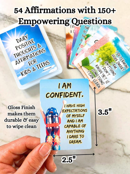 Positive Affirmation Cards for Kids and Teens - 54 Affirmations, 150+ Inspirational Questions with Storage Box - Inspire confidence and Positive attitude - Self Care Kit & Mindfulness Gift