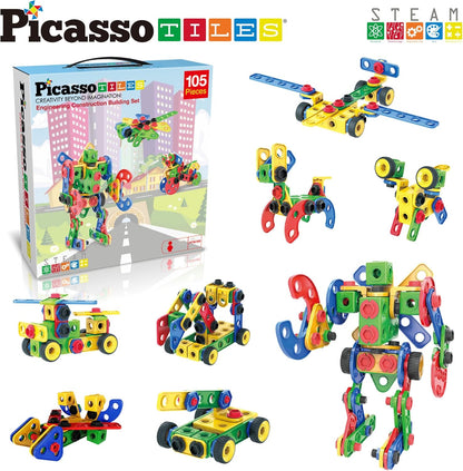 PicassoTiles 152pc STEM Construction Toy Building Set for Kids Ages 3+ Includes Power Drill, Ratchet, Idea Book, Storage Box Educational Engineering Science Kit & Sensory Toys for Boys & Girls PTN152