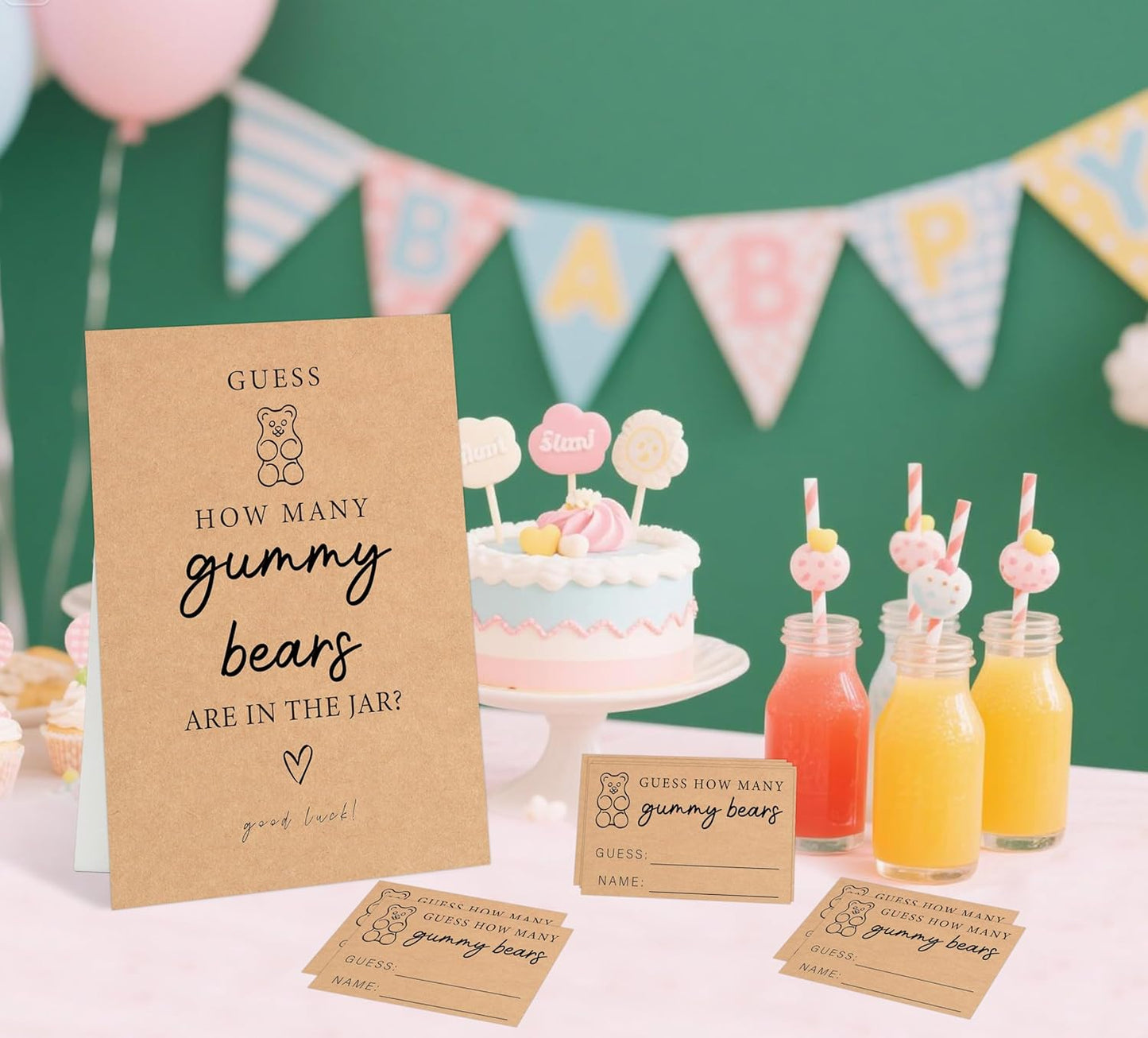 Minimalist Style How Many Gummy Bears Are In The Jar Baby Shower Games Set(1 Sign and 50 Cards), Gender Reveal Games, How Many Guessing Cards for Bear Babyshower, Gender Reveal Party Activities, 19