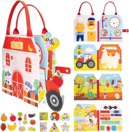 Busy Book for Toddlers - Montessori Sensory Toys for Boys & Girls Preschool Learning, 8-Page Felt Quiet Activity Board for Fine Motor Skills, Travel Toys for Airplane Car Games (Farm Animals)