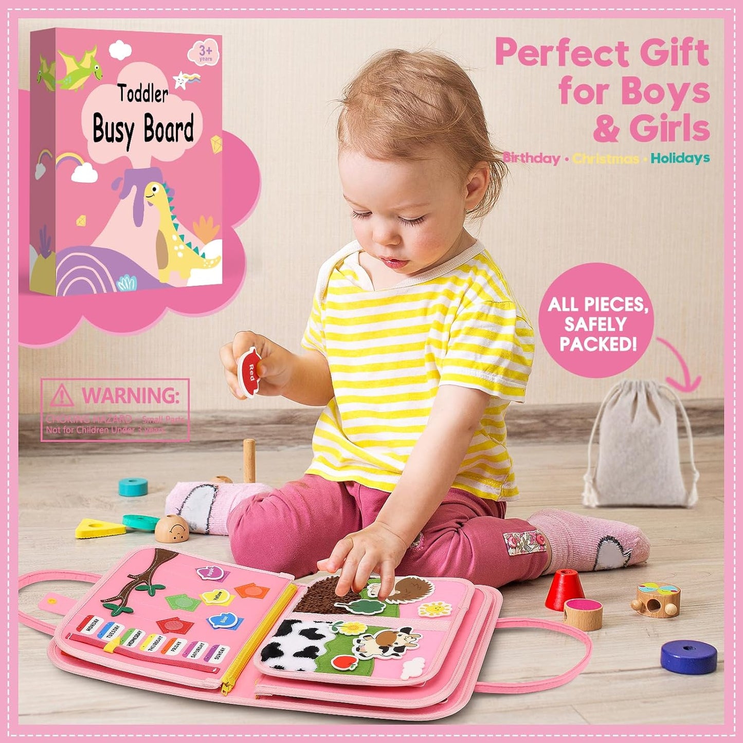 Toddler Sensory Busy Board: Travel Toy Activity Book for Girls Boys, Motor Skill Development Gift for Baby Aged 3-4 Years, Fine Educational Preschool Montessori Learning Toy for Car Airplane Dinosaur