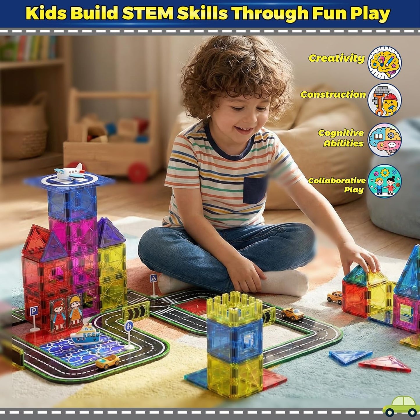 Magnetic Tiles,121PCS Magnet Tiles Road Set with Pullback Cars for 3+ year old Boys,Magnetic Toys for Kids Ages 4-8 with Ship,Airplane,Traffic Sign,STEM Classroom Educational Birthday Gifts Toys