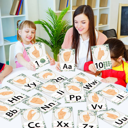 36PCS Eucalyptus ASL Alphabet Line Bulletin Board Set ABC Number Sign Language Flash Cards Alphabet Posters Learning American Sign Language Poster Classroom Wall Decor for Pre-School Home Toddler Kids