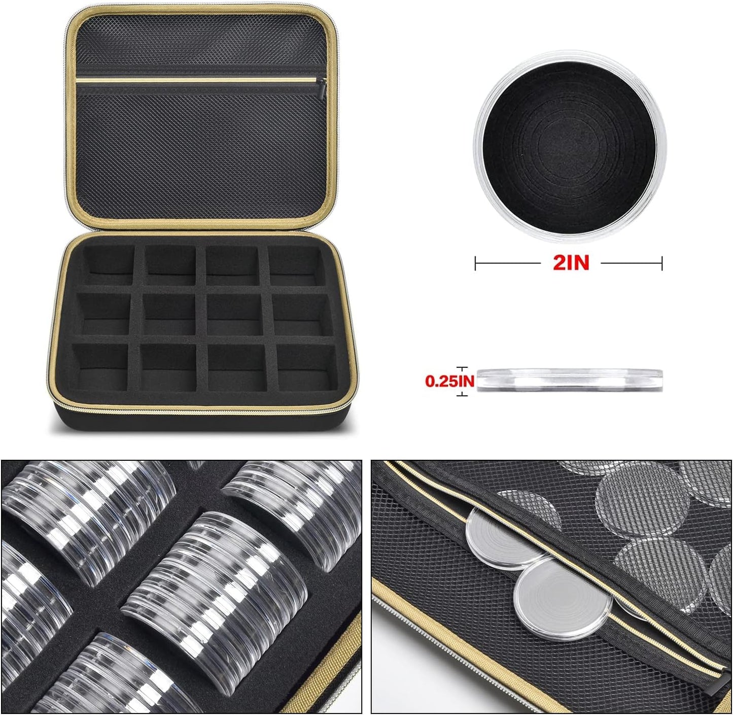 PAIYULE 96 Pieces 46mm Coin Capsules, with Foam Gasket and Plastic Storage Organizer Box, 6 Sizes (20/25/27/30/38/46mm) Coins Collector Case Holder for Coin Collection Supplies(Black)