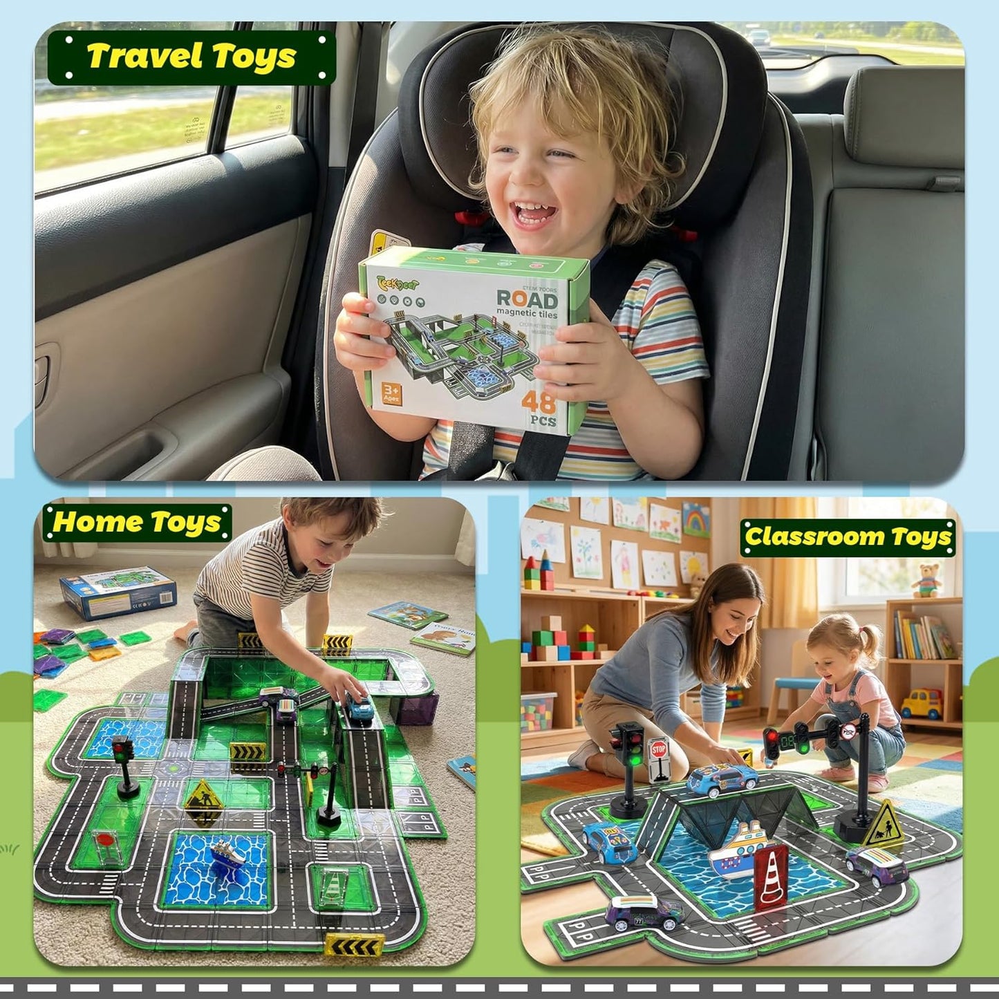 Magnetic Tiles,121PCS Magnet Tiles Road Set with Pullback Cars for 3+ year old Boys,Magnetic Toys for Kids Ages 4-8 with Ship,Airplane,Traffic Sign,STEM Classroom Educational Birthday Gifts Toys